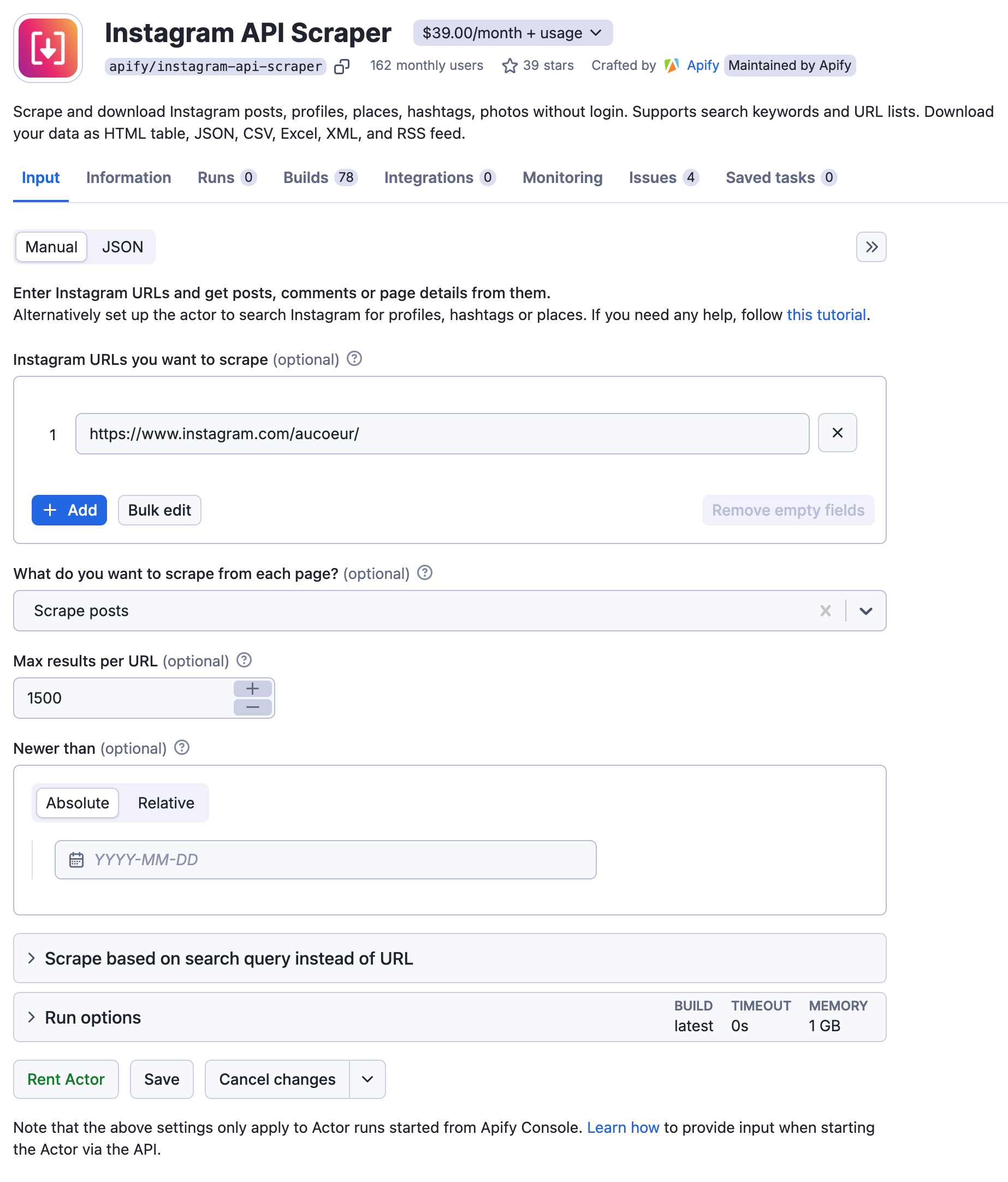 Apify Instagram API scraper settings as described below.